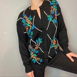 Vintage Black Cardigan with Multicolor Embroidered Floral Accents